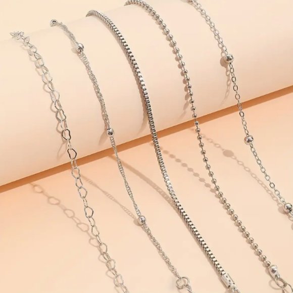 5pc Silver Tone Bracelet Set Jewelry Gift Beaded Hearts Chains - Picture 5 of 7